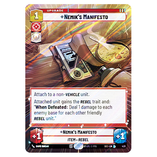Nemik's Manifesto card from the Star Wars Unlimited Set Secrets of Power