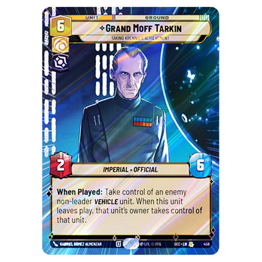 Grand Moff Tarkin Taking Krennic's Achievement card from the Star Wars Unlimited Set Secrets of Power