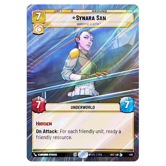 Synara San Harboring a Secret card from the Star Wars Unlimited Set Secrets of Power