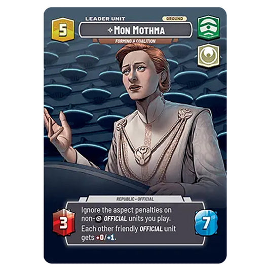 Mon Mothma Forming a Coalition card from the Star Wars Unlimited Set Secrets of Power
