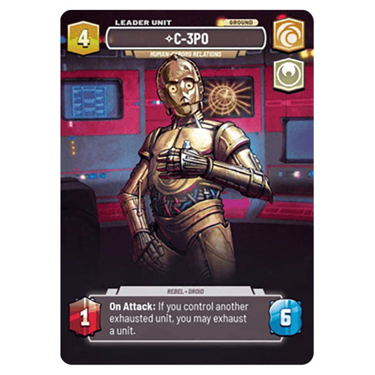 C-3POHuman-Cyborg Relations card from the Star Wars Unlimited Set Secrets of Power