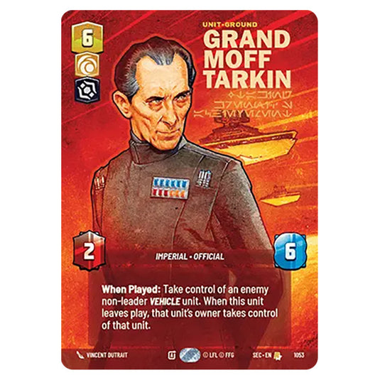 Grand Moff Tarkin Taking Krennic's Achievement card from the Star Wars Unlimited Set Secrets of Power