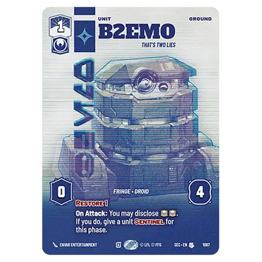 B2EMO That's Two Lies card from the Star Wars Unlimited Set Secrets of Power