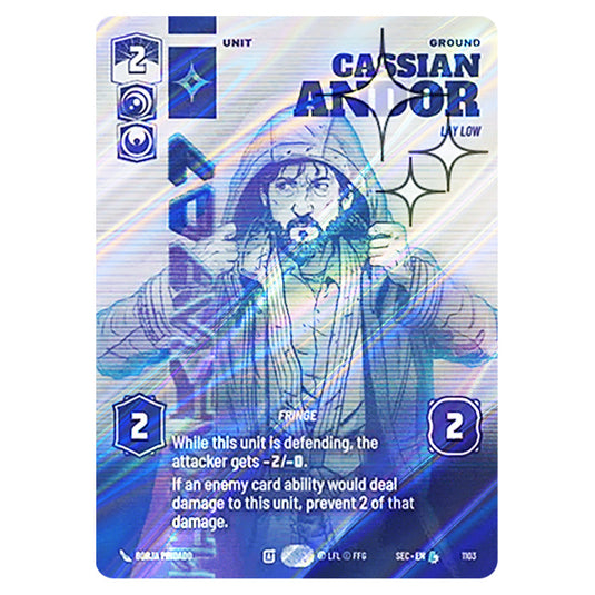 Cassian Andor Lay Low card from the Star Wars Unlimited Set Secrets of Power