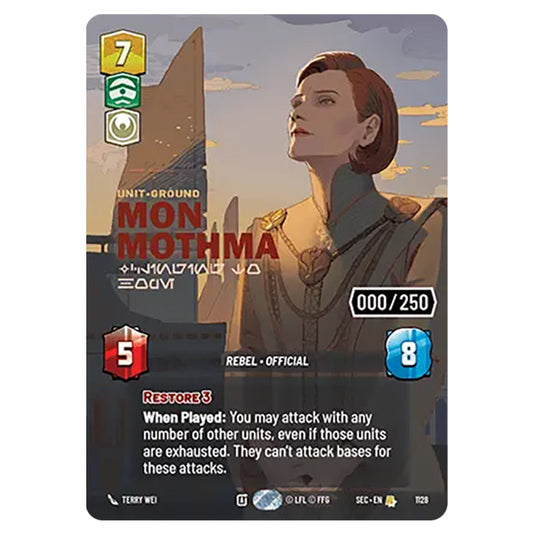 Mon Mothma Clinging to Hope card from the Star Wars Unlimited Set Secrets of Power