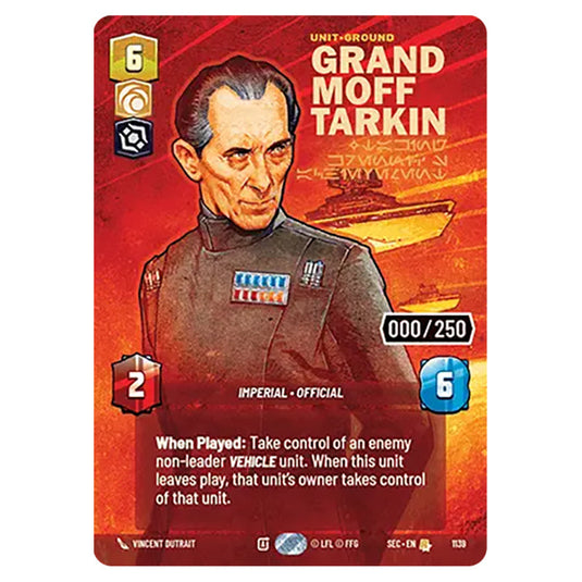 Grand Moff Tarkin Taking Krennic's Achievement card from the Star Wars Unlimited Set Secrets of Power