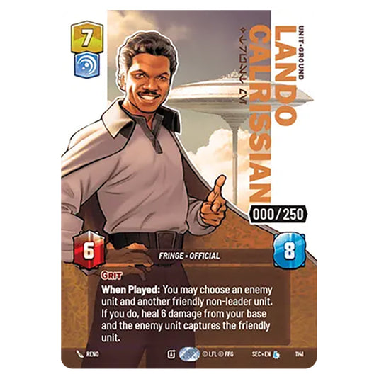 Lando Calrissian Trust Me card from the Star Wars Unlimited Set Secrets of Power