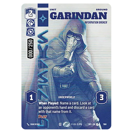 Garindan Information Broker card from the Star Wars Unlimited Set Secrets of Power