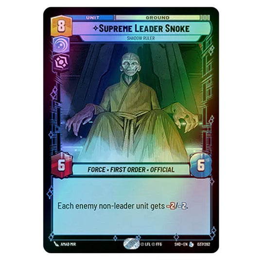 Supreme Leader Snoke 37/262 card from the Star Wars Unlimited set Shadows of the Galaxy