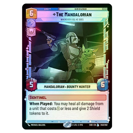 The Mandalorian 49/262 card from the Star Wars Unlimited set Shadows of the Galaxy