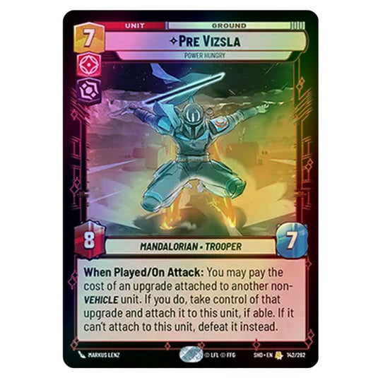 Pre Vizsla 142/262 card from the Star Wars Unlimited set Shadows of the Galaxy