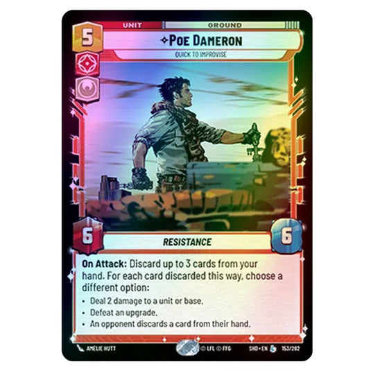 Poe Dameron 153/262 card from the Star Wars Unlimited set Shadows of the Galaxy