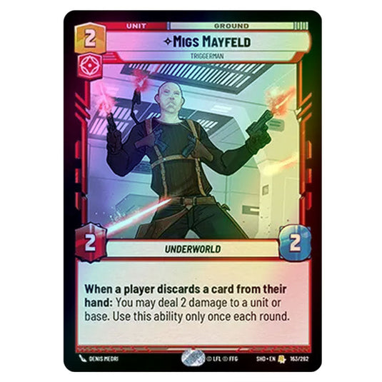 Migs Mayfeld 163/262 card from the Star Wars Unlimited set Shadows of the Galaxy