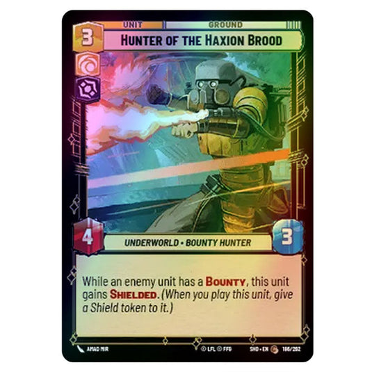 Hunter of the Haxion Brood 186/262 card from the Star Wars Unlimited set Shadows of the Galaxy