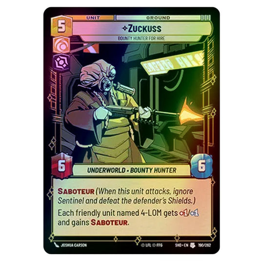 Zuckuss 190/262 card from the Star Wars Unlimited set Shadows of the Galaxy