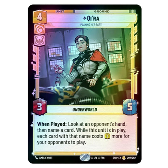 Qi’ra 202/262 card from the Star Wars Unlimited set Shadows of the Galaxy