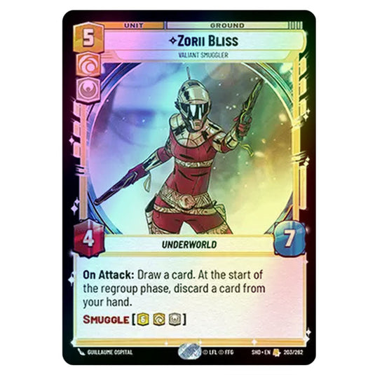 Zorii Bliss 203/262 card from the Star Wars Unlimited set Shadows of the Galaxy