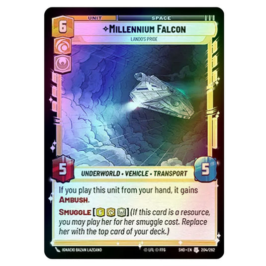 Millennium Falcon 204/262 card from the Star Wars Unlimited set Shadows of the Galaxy