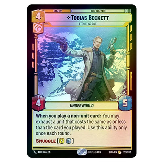 Tobias Beckett 217/262 card from the Star Wars Unlimited set Shadows of the Galaxy