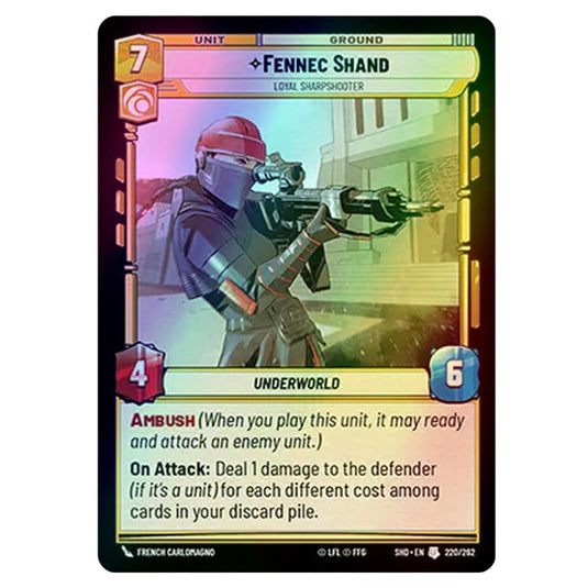 Fennec Shand 220/262 card from the Star Wars Unlimited set Shadows of the Galaxy