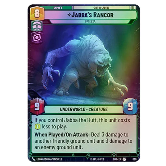 Jabba’s Rancor 360 card from the Star Wars Unlimited set Shadows of the Galaxy