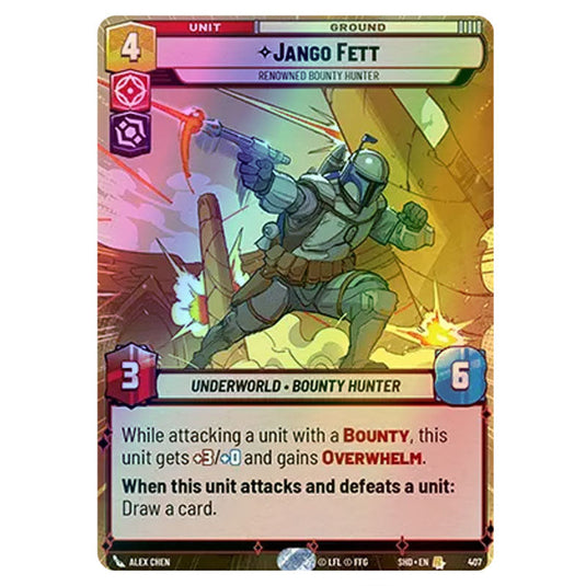 Jango Fett 407 card from the Star Wars Unlimited set Shadows of the Galaxy