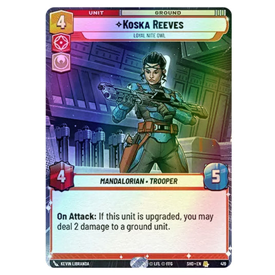 Koska Reeves 419 card from the Star Wars Unlimited set Shadows of the Galaxy