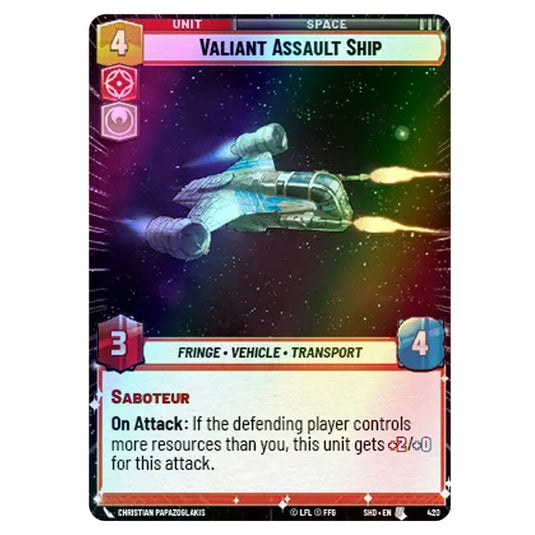 Valiant Assault Ship 420 card from the Star Wars Unlimited set Shadows of the Galaxy