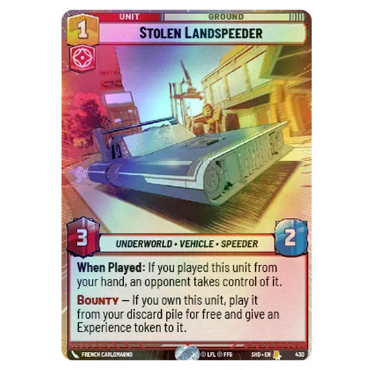 Stolen Landspeeder 430 card from the Star Wars Unlimited set Shadows of the Galaxy