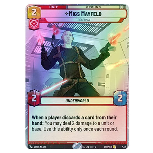 Migs Mayfeld 432 card from the Star Wars Unlimited set Shadows of the Galaxy