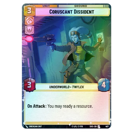 Coruscant Dissident 467 card from the Star Wars Unlimited set Shadows of the Galaxy