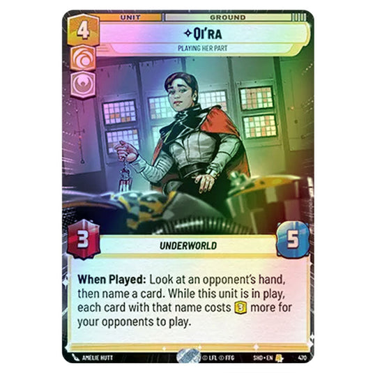 Qi’ra 470 card from the Star Wars Unlimited set Shadows of the Galaxy