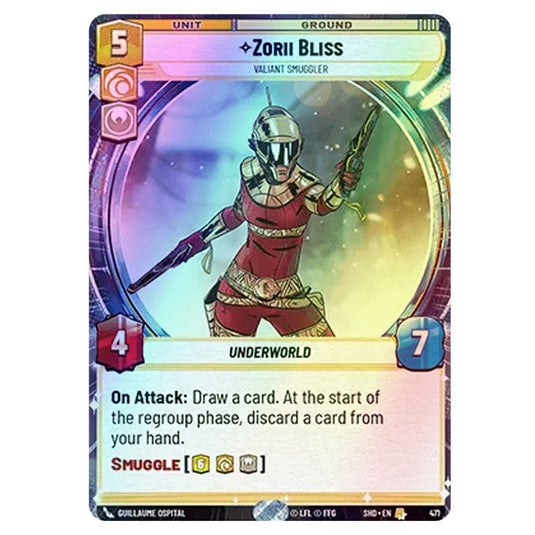 Zorii Bliss 471 card from the Star Wars Unlimited set Shadows of the Galaxy