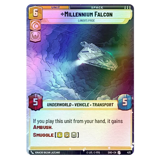 Millennium Falcon 472 card from the Star Wars Unlimited set Shadows of the Galaxy