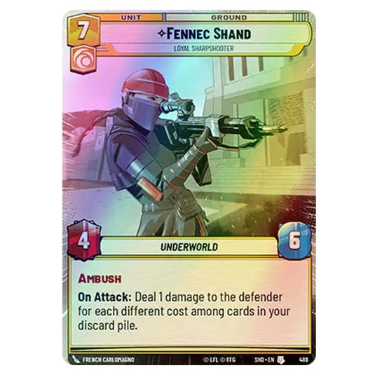 Fennec Shand 488 card from the Star Wars Unlimited set Shadows of the Galaxy