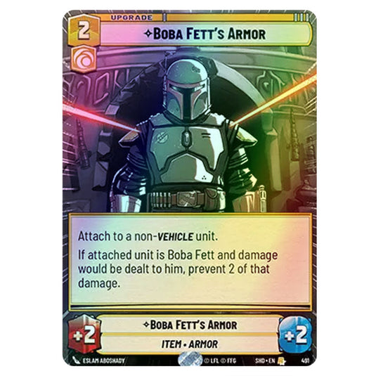 Boba Fett’s Armor 491 card from the Star Wars Unlimited set Shadows of the Galaxy