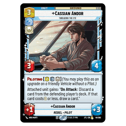 Cassian Andor Threading the Eye Rare card from the Star Wars Unlimited set Jump to Lightspeed