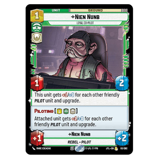 Nien Nunb Loyal Co-Pilot Rare card from the Star Wars Unlimited set Jump to Lightspeed