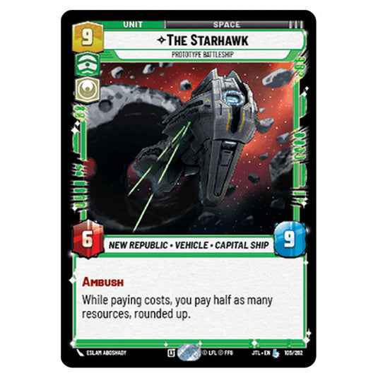 The Starhawk Prototype Battleship Legendary card from the Star Wars Unlimited set Jump to Lightspeed