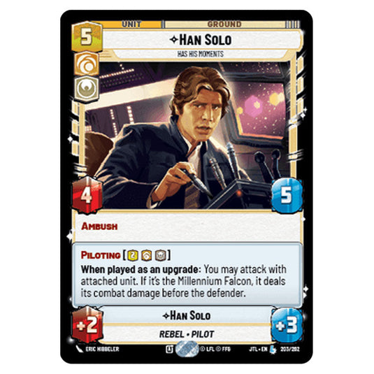 Han Solo Has His Moments Legendary card from the Star Wars Unlimited set Jump to Lightspeed