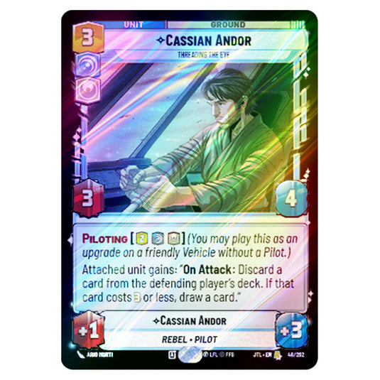 Cassian Andor Threading the Eye Rare card from the Star Wars Unlimited set Jump to Lightspeed