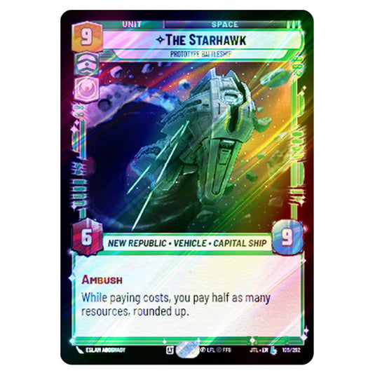 The Starhawk Prototype Battleship Legendary card from the Star Wars Unlimited set Jump to Lightspeed