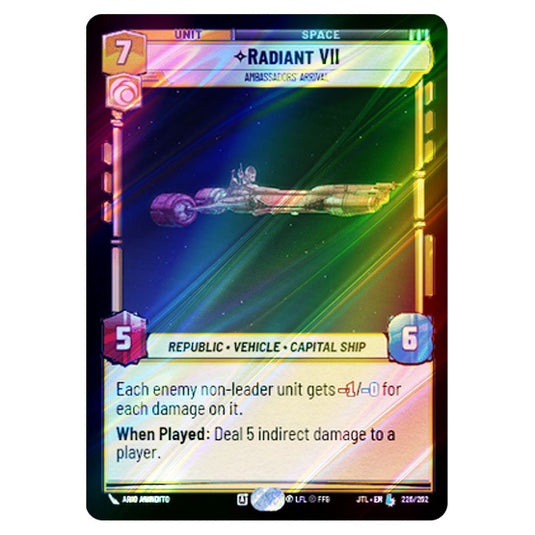 Radiant VII Ambassadors' Arrival Legendary card from the Star Wars Unlimited set Jump to Lightspeed