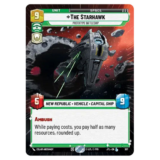 The Starhawk Prototype Battleship Legendary card from the Star Wars Unlimited set Jump to Lightspeed