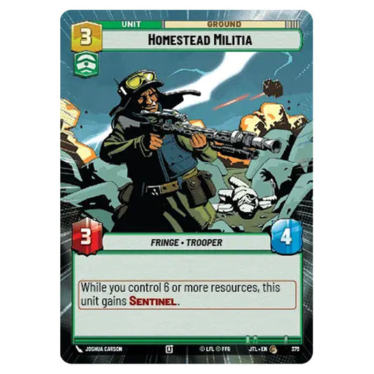 Homestead Militia Common card from the Star Wars Unlimited set Jump to Lightspeed