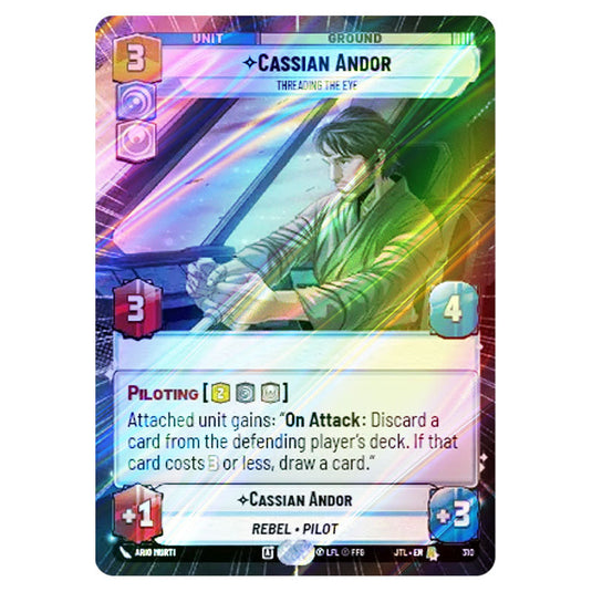 Cassian Andor Threading the Eye Rare card from the Star Wars Unlimited set Jump to Lightspeed