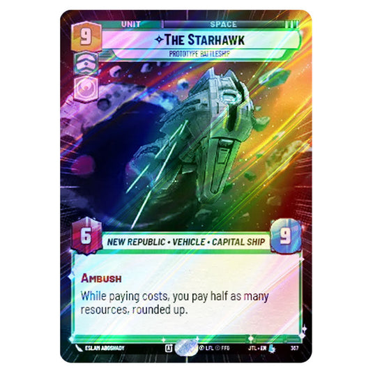 The Starhawk Prototype Battleship Legendary card from the Star Wars Unlimited set Jump to Lightspeed