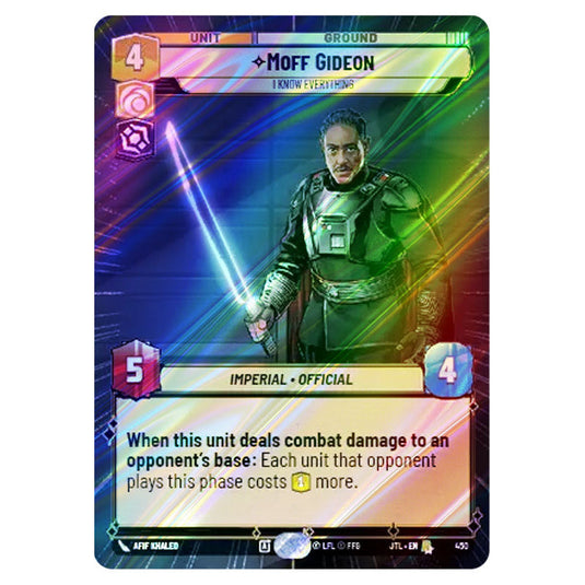 Moff Gideon I Know Everything Rare card from the Star Wars Unlimited set Jump to Lightspeed