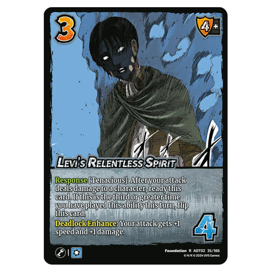 Levi's Relentless Spirit card from the Attack on Titan set Origins of Power R 02 035/186