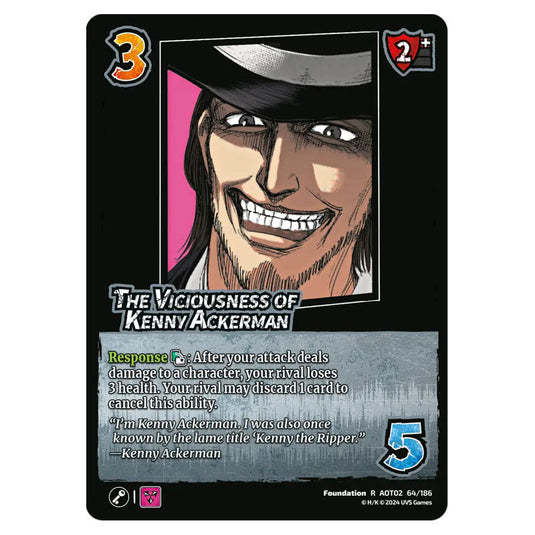 The Viciousness of Kenny Ackerman card from the Attack on Titan set Origins of Power R 02 064/186
